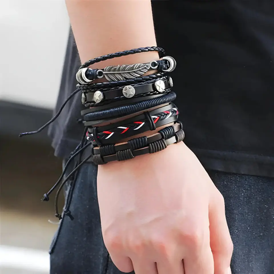Set 5 Pulseras Hombre Mujer Manilla Brazalete De Cuero Pluma 7