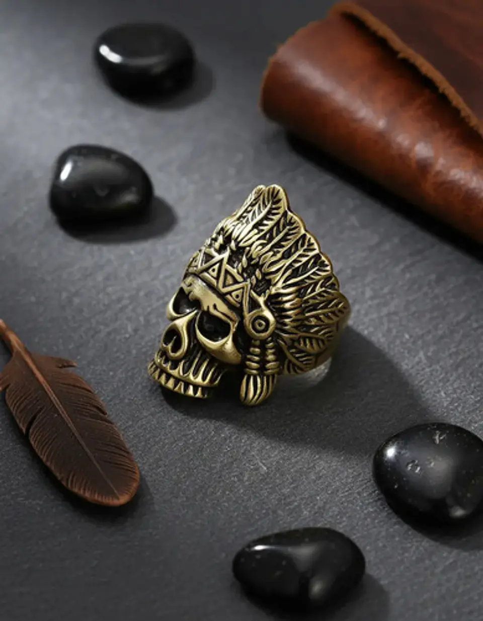 Anillo Color Oro Viejo Indio Cráneo Acero Inoxidable Hombre 7