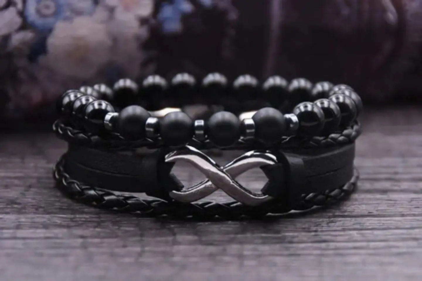 Pulsera Manilla Piedras Naturales Cuero Infinito Para Hombre 3