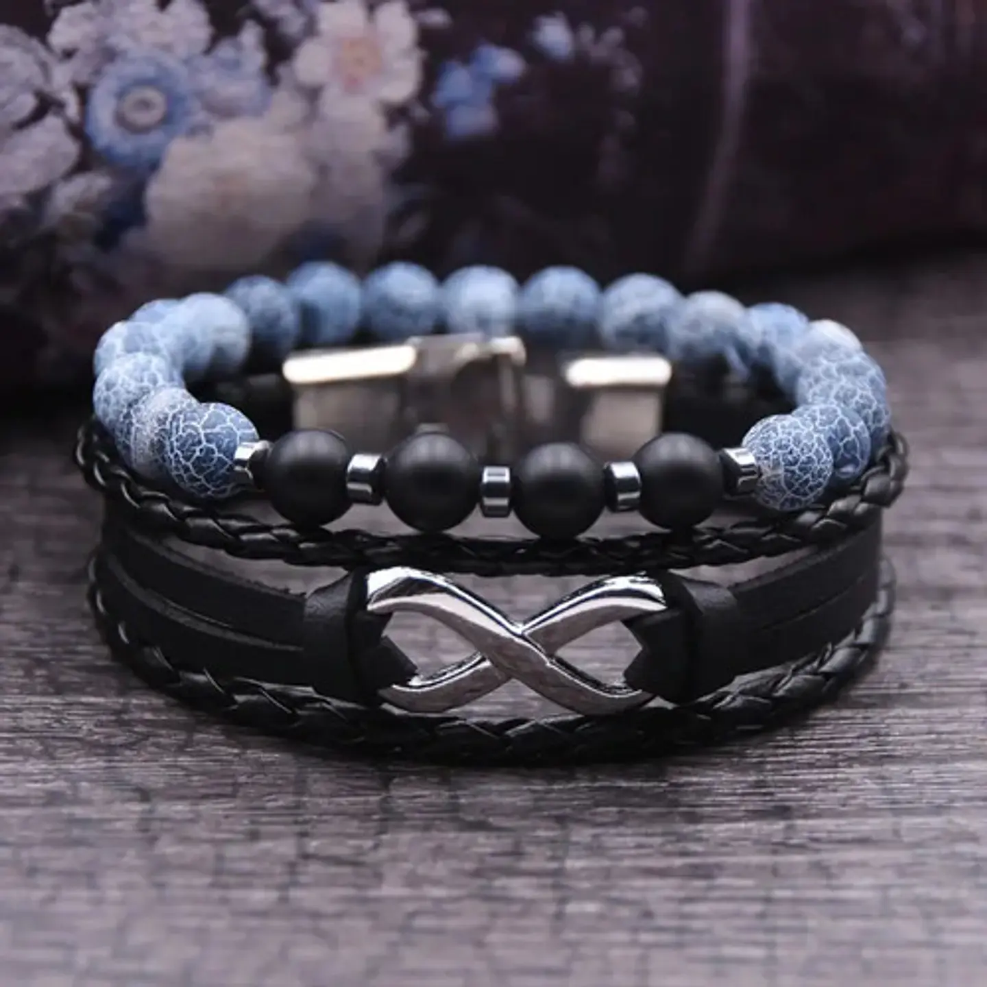 Pulsera Manilla Piedras Naturales Cuero Infinito Para Hombre 6
