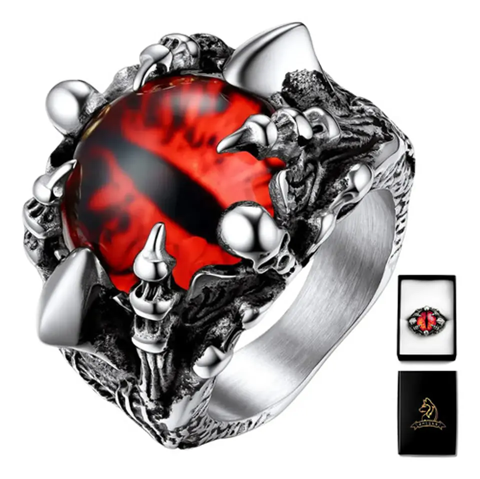 Anillo Ojo Dragón Rojo Cráneo Skull Acero Inoxidable Hombre 1