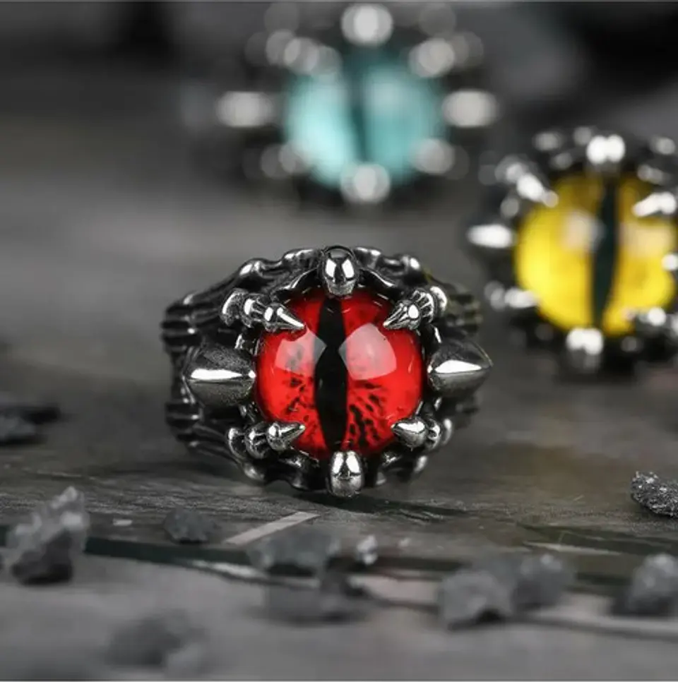 Anillo Ojo Dragón Rojo Cráneo Skull Acero Inoxidable Hombre 6