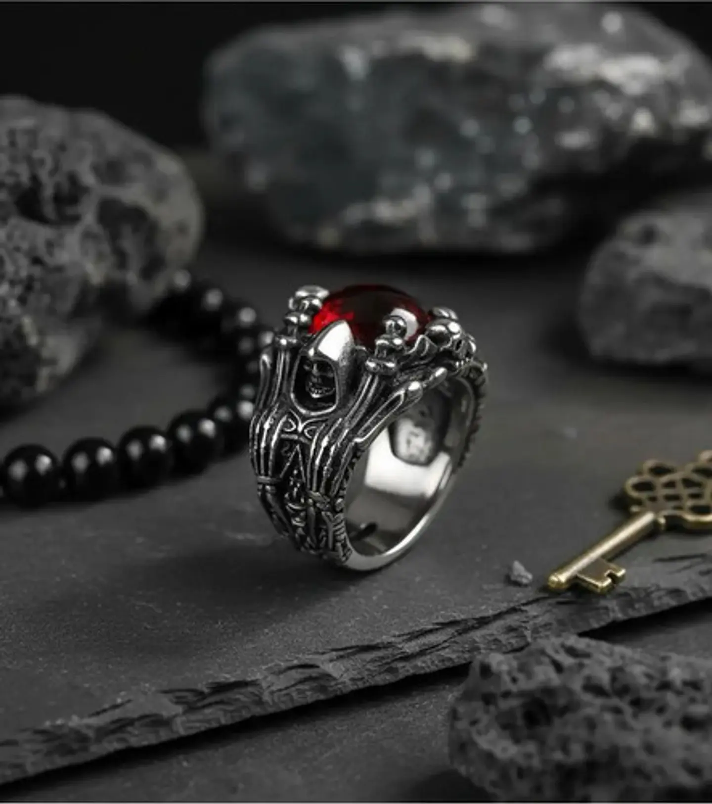 Anillo Ojo Dragón Rojo Cráneo Skull Acero Inoxidable Hombre 7