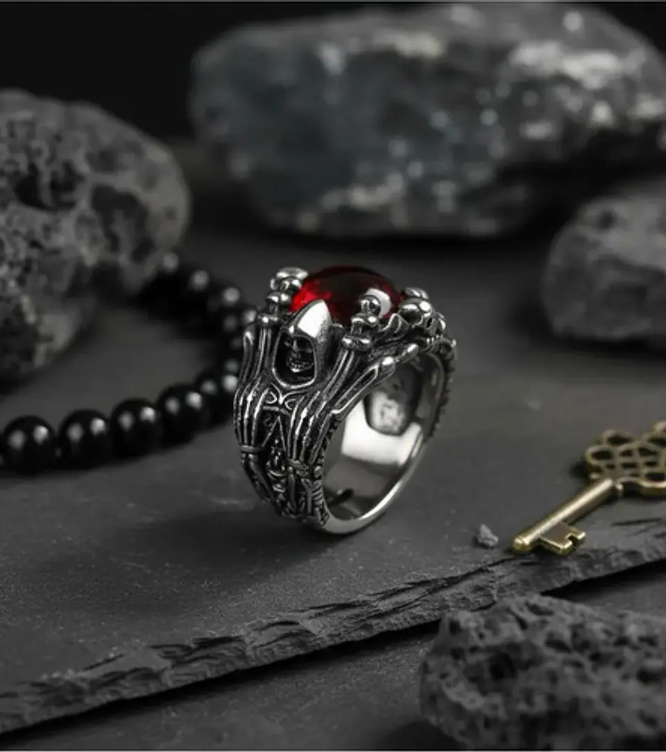 Anillo Ojo Dragón Rojo Cráneo Skull Acero Inoxidable Hombre 7