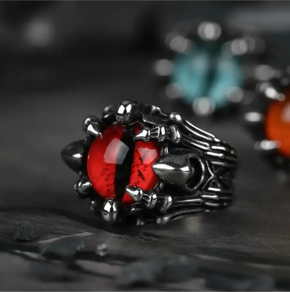 Anillo Ojo Dragón Rojo Cráneo Skull Acero Inoxidable Hombre 8