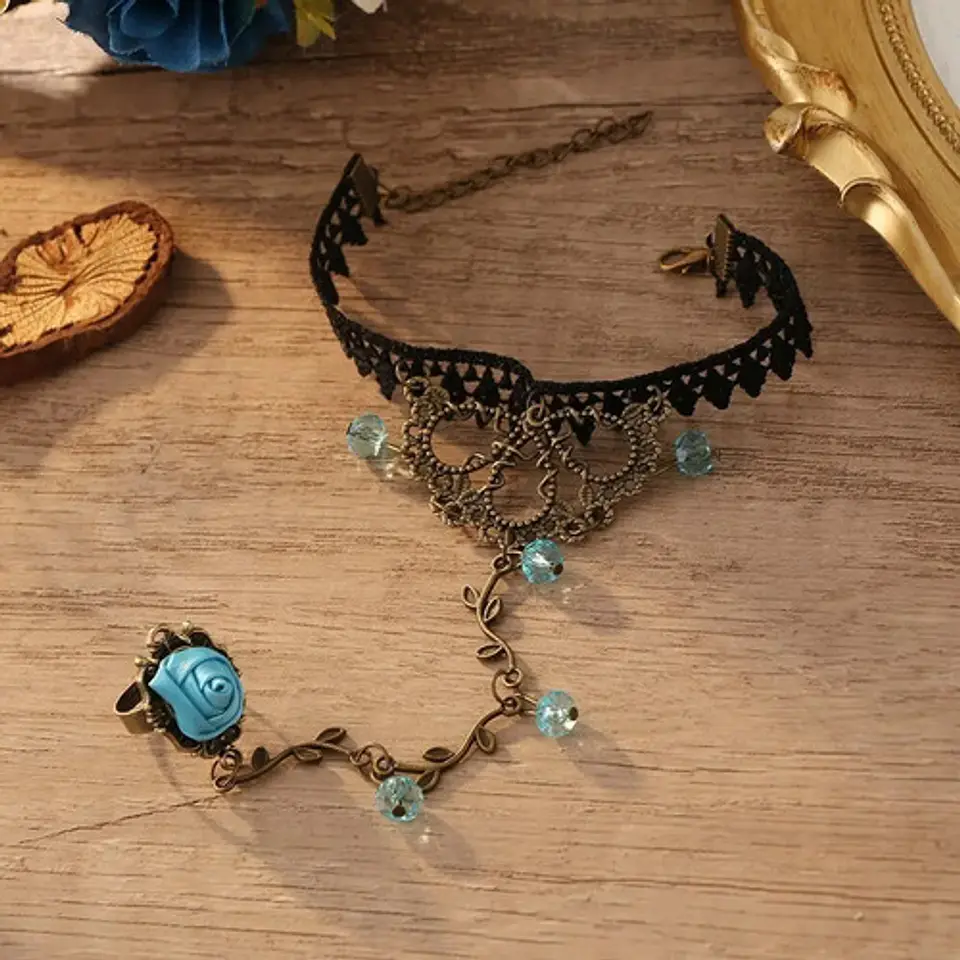 Pulsera Encajé Anillo Choker Rosa Para Mujer Gótico Moda 13