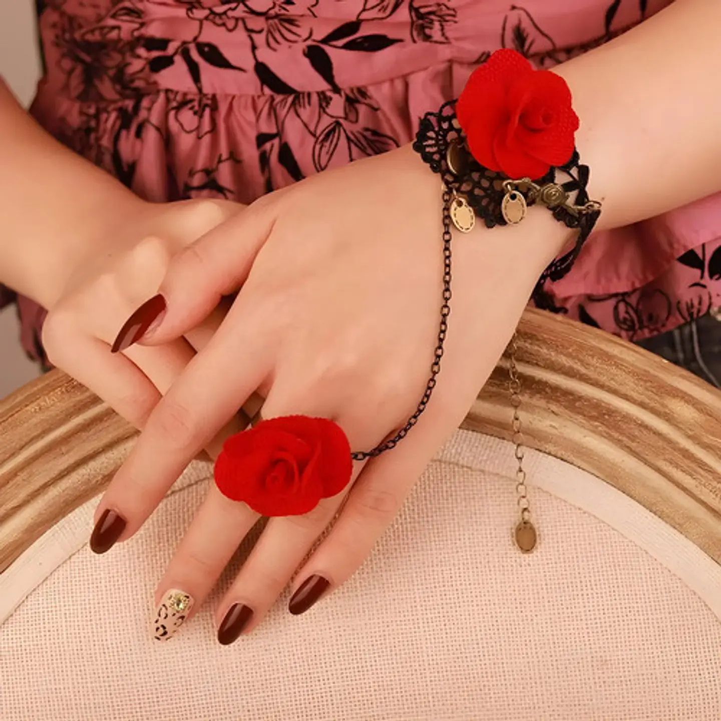 Pulsera Encajé Anillo Choker Rosa Para Mujer Gótico Moda 24