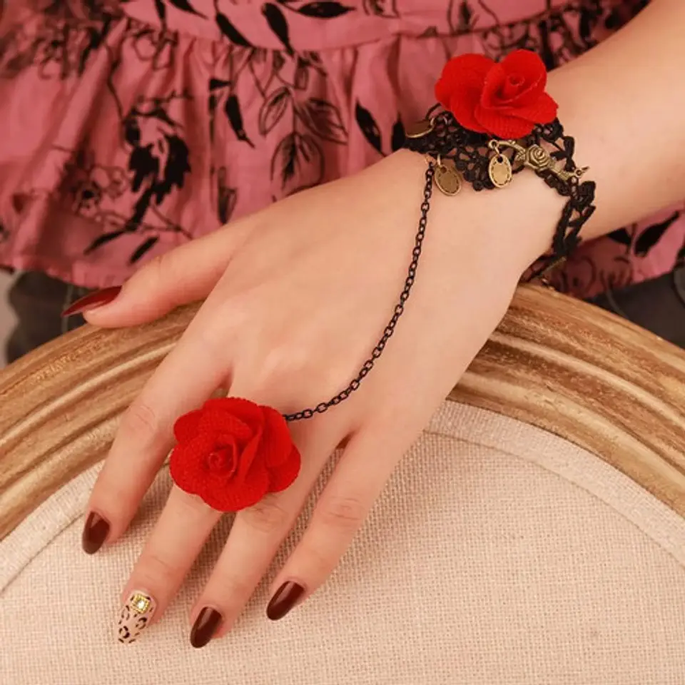 Pulsera Encajé Anillo Choker Rosa Para Mujer Gótico Moda 25