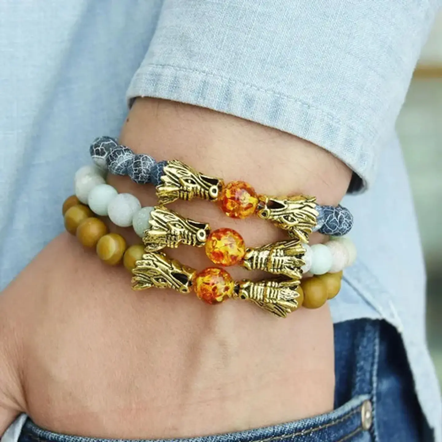 Pulsera Manilla Piedras Naturales Dragon Esfera Fuego Hombre 7