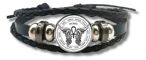 Pulsera Manilla Cuero San Michael Brilla En Oscuridad Hombre