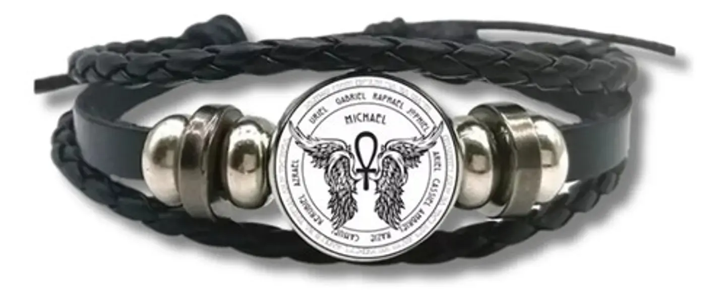Pulsera Manilla Cuero San Michael Brilla En Oscuridad Hombre 1