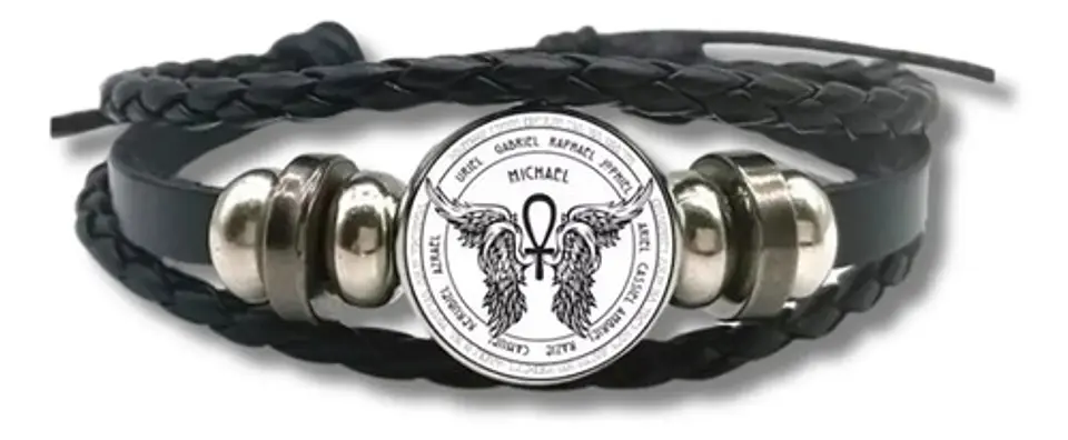 Pulsera Manilla Cuero San Michael Brilla En Oscuridad Hombre 1