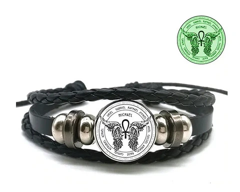 Pulsera Manilla Cuero San Michael Brilla En Oscuridad Hombre