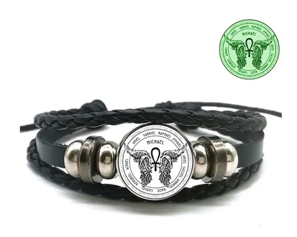 Pulsera Manilla Cuero San Michael Brilla En Oscuridad Hombre 2