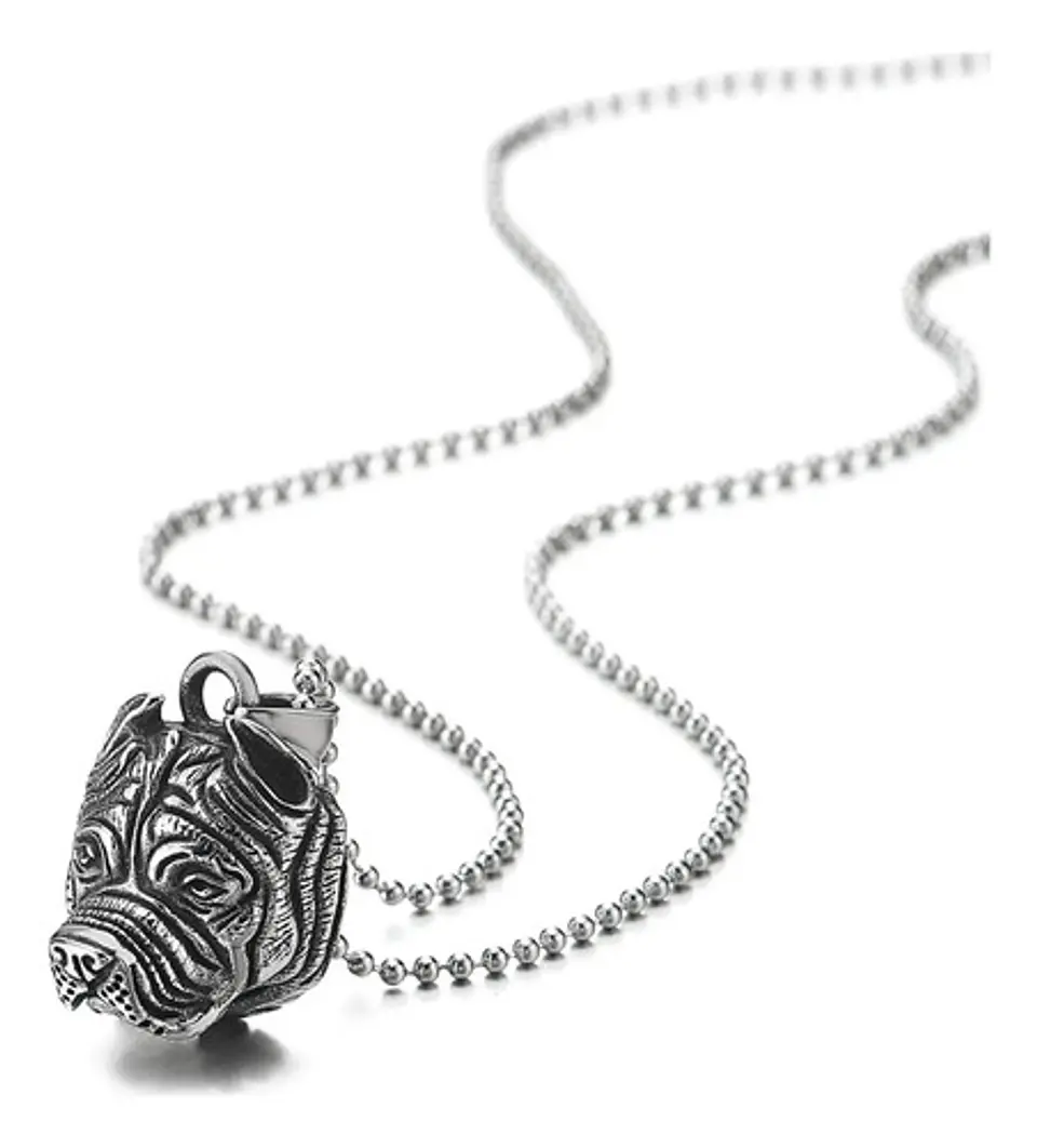 Collar Acero Inoxidable Color Plata Pitbull Perro Hombre  3