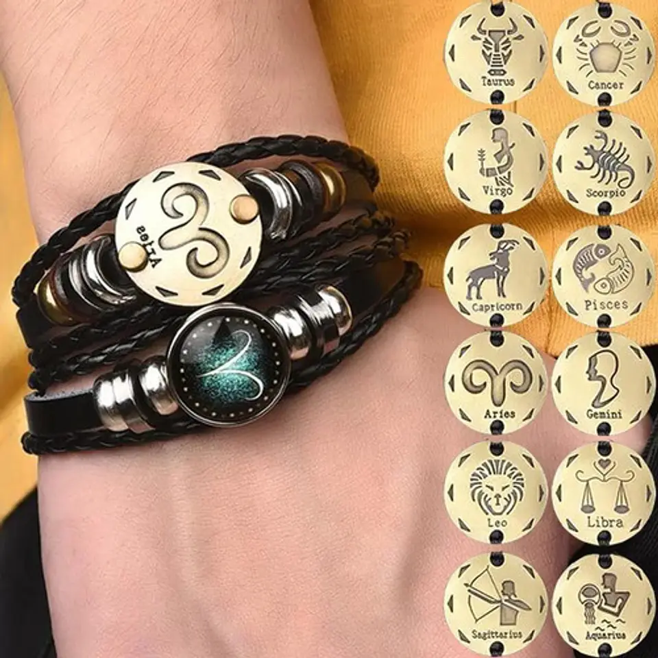 Manilla Pulsera Brazalete Signo Zodiaco Leo Cuero Hombre 10