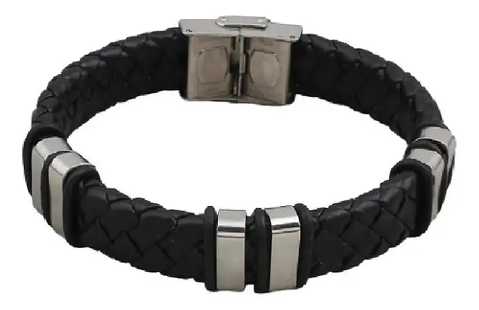Manilla Pulsera Brazalete Cuero Acero Inoxidable Hombre 1