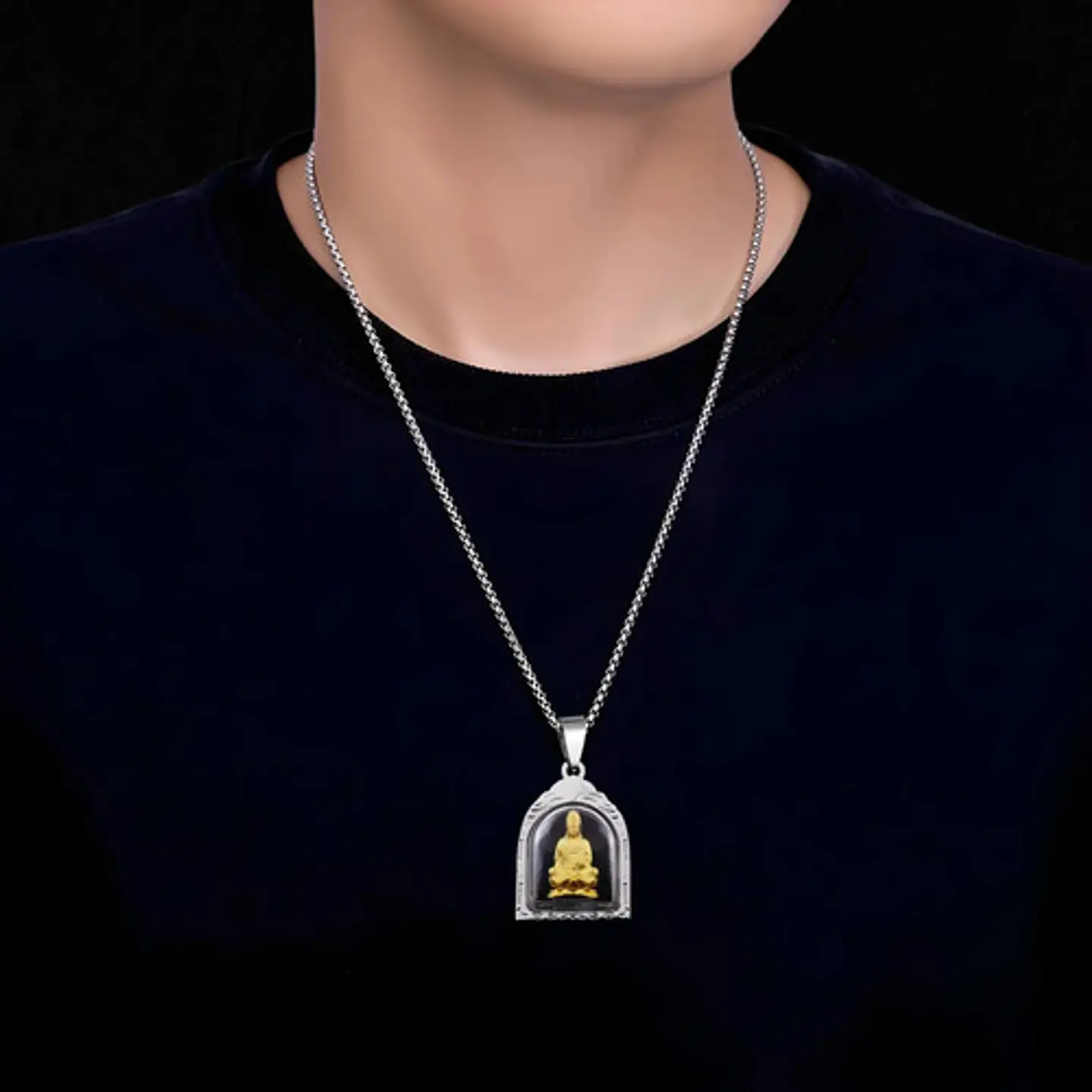 Collar Acero Inoxidable Color Oro Buda Meditación Hombre  5