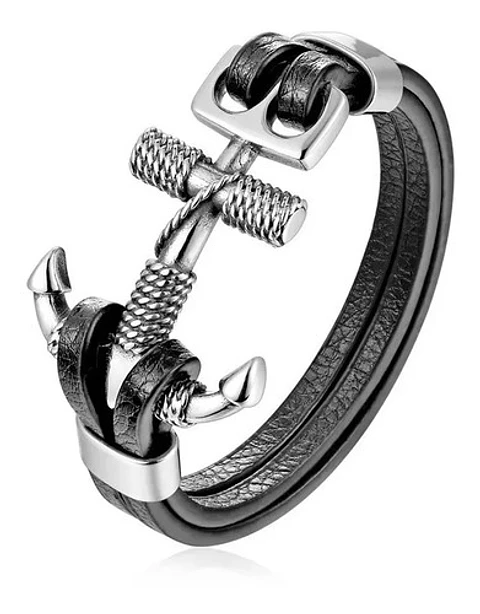 Brazalete Pulsera Cuero Ancla Acero Inoxidable Para Hombre