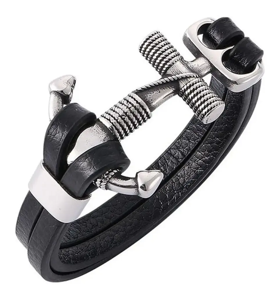 Brazalete Pulsera Cuero Ancla Acero Inoxidable Para Hombre 3