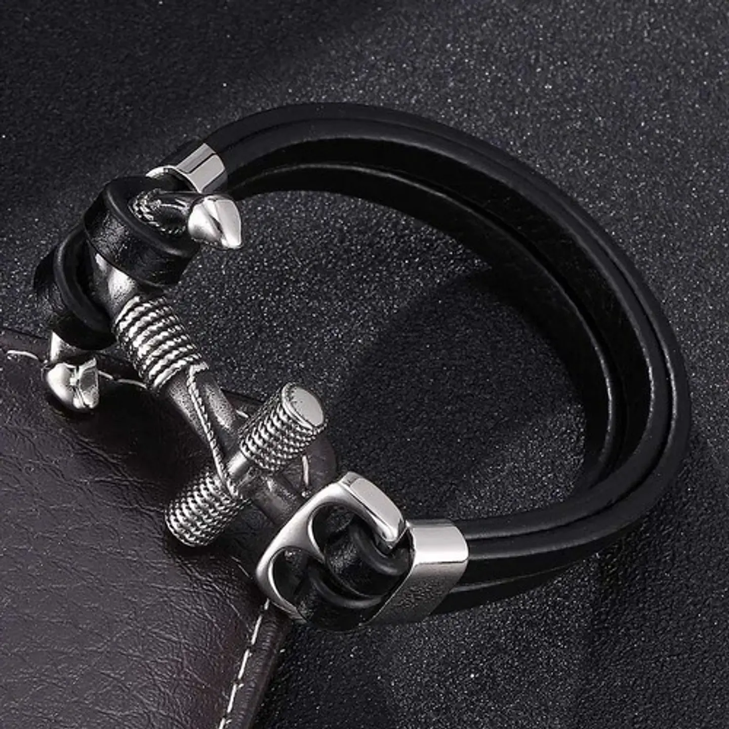 Brazalete Pulsera Cuero Ancla Acero Inoxidable Para Hombre 4