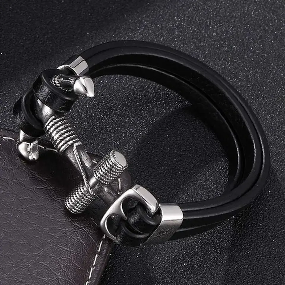 Brazalete Pulsera Cuero Ancla Acero Inoxidable Para Hombre 4
