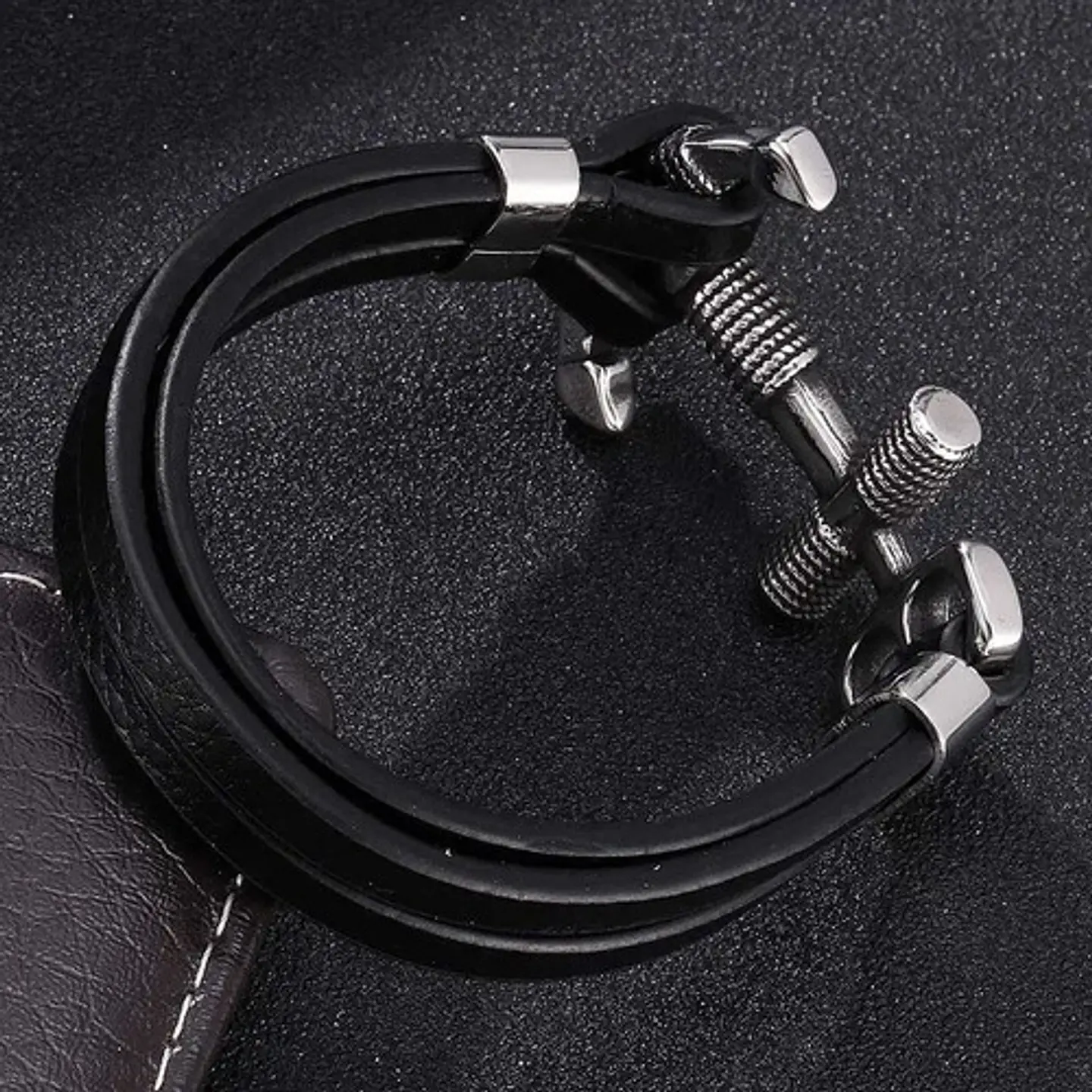Brazalete Pulsera Cuero Ancla Acero Inoxidable Para Hombre 5