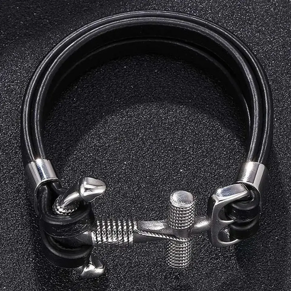 Brazalete Pulsera Cuero Ancla Acero Inoxidable Para Hombre 6