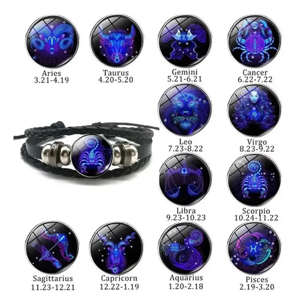 Pulsera Cuero Hombre Mujer Manilla Brazalete Signos Zodiaco 103
