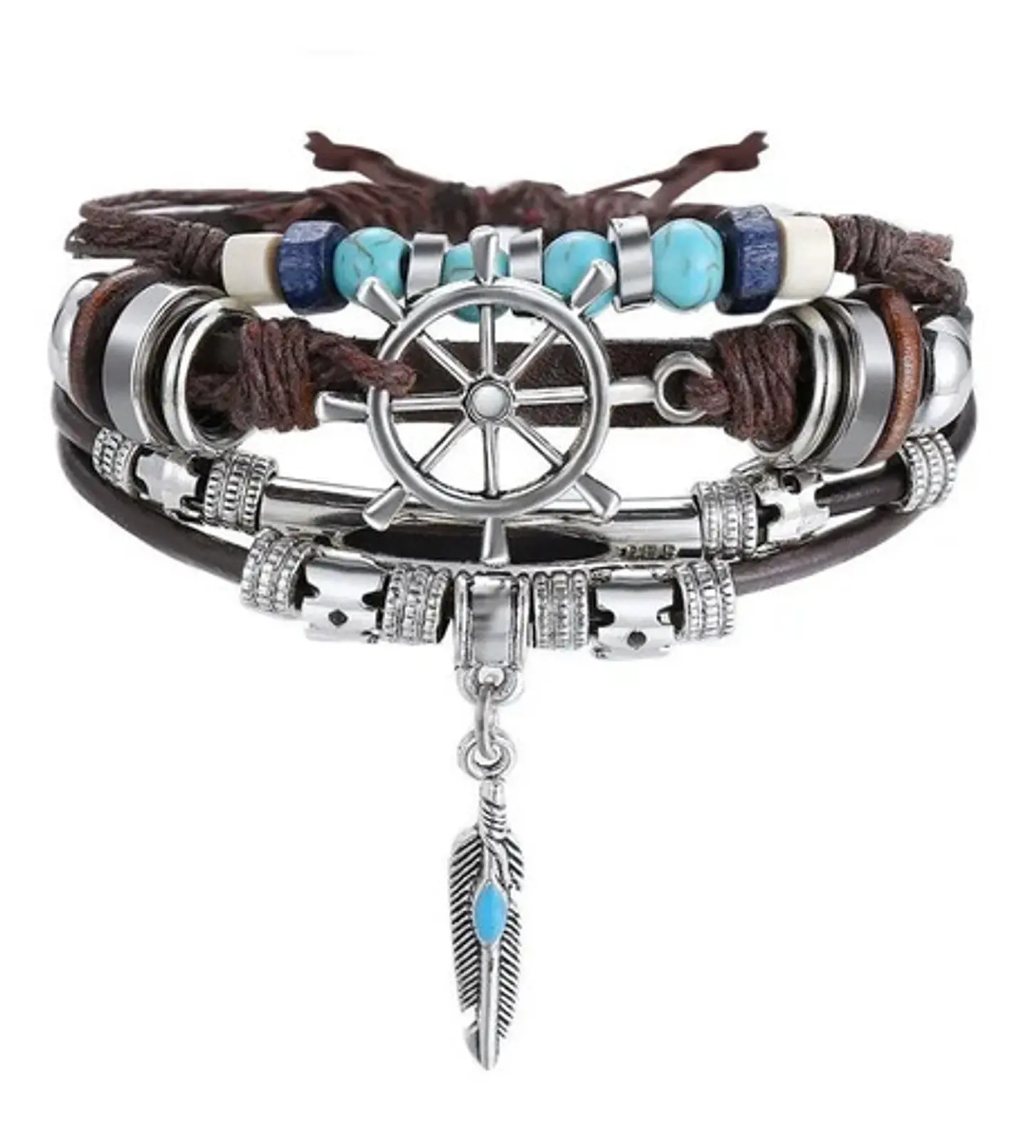 Pulsera Manilla Brazalete Cuero Color Café Timón  Hombre 1