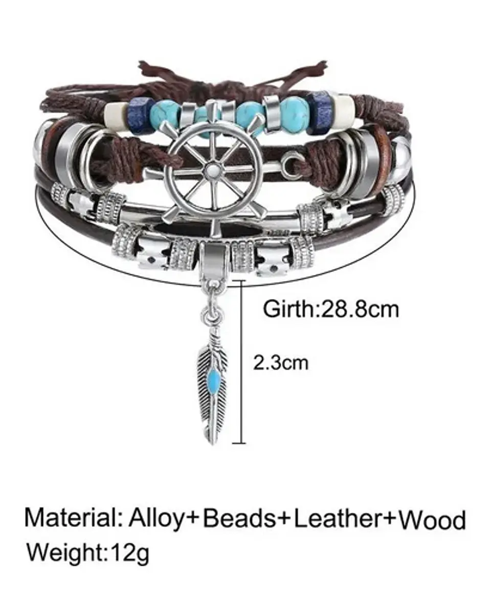 Pulsera Manilla Brazalete Cuero Color Café Timón  Hombre 2