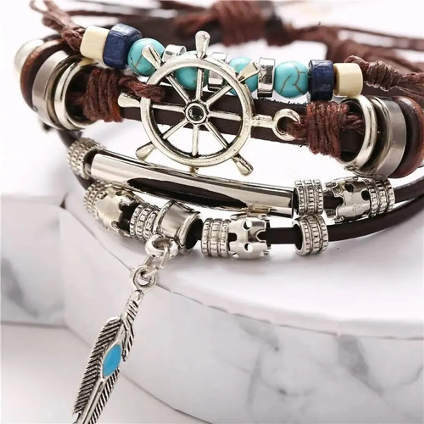 Pulsera Manilla Brazalete Cuero Color Café Timón  Hombre 3