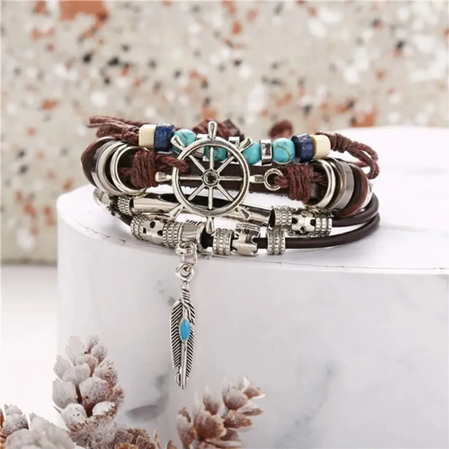 Pulsera Manilla Brazalete Cuero Color Café Timón  Hombre 4