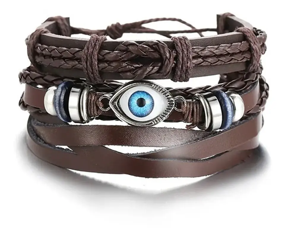Pulsera Manilla Brazalete Cuero Color Café Timón  Hombre 6