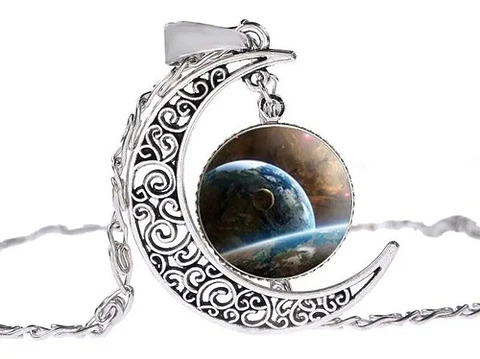 Collar Colgante Media Luna Cristal Luna Llena Galaxia Mujer