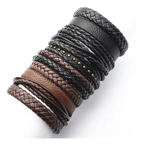Manilla Pulsera Brazalete Cuero Negro 10 Unds Hombre Mujer