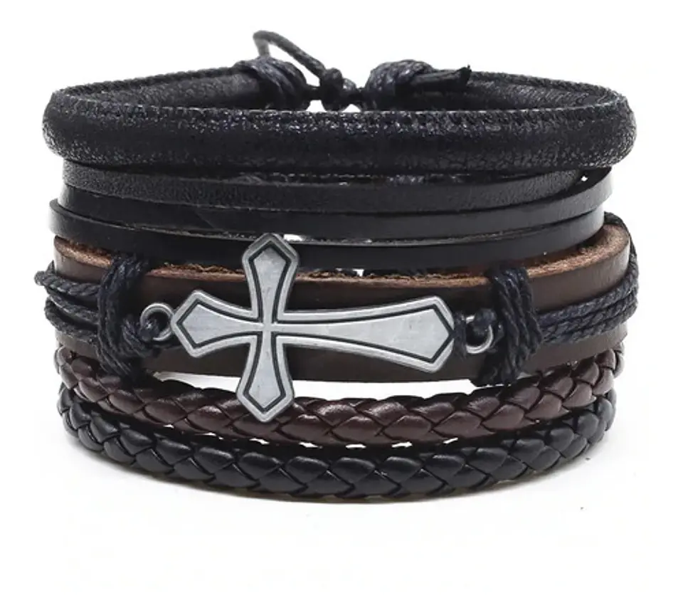 Manilla Pulsera Brazalete Cuero Negro Cruz Jesús Hombre Muje 1