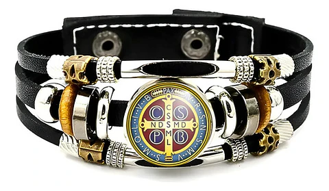 Pulsera Para Hombre Y Mujer Manilla Cuero Medalla San Benito