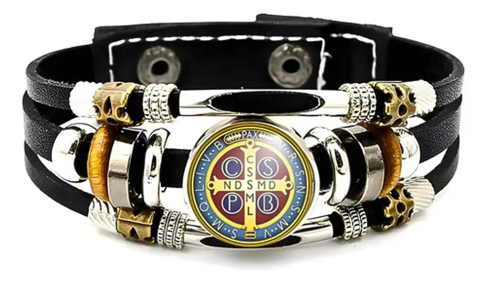 Pulsera Para Hombre Y Mujer Manilla Cuero Medalla San Benito 1