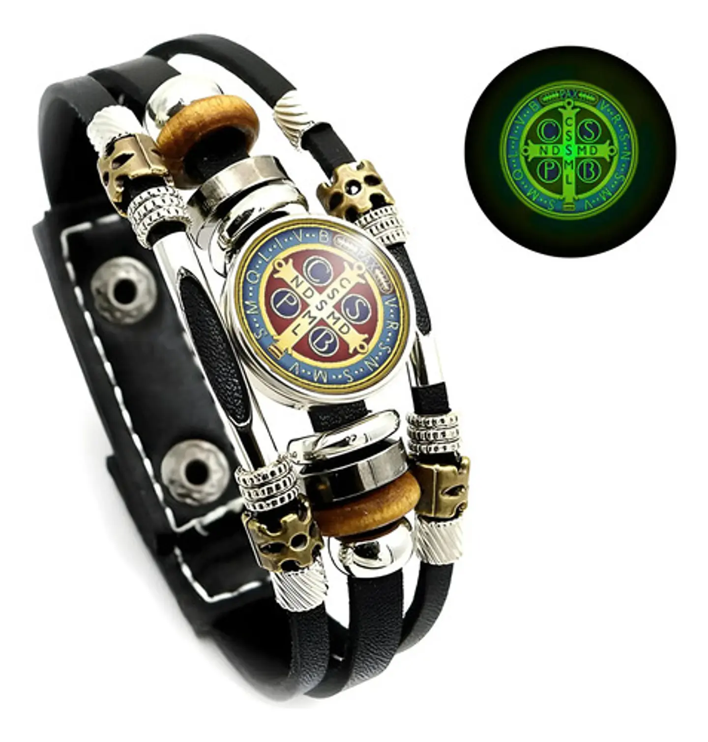 Pulsera Para Hombre Y Mujer Manilla Cuero Medalla San Benito 2