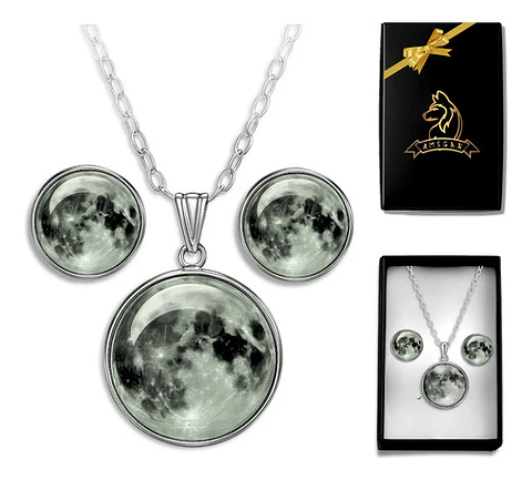 Collar Mujer Luna Llena Brilla En La Oscuridad Fluorescente