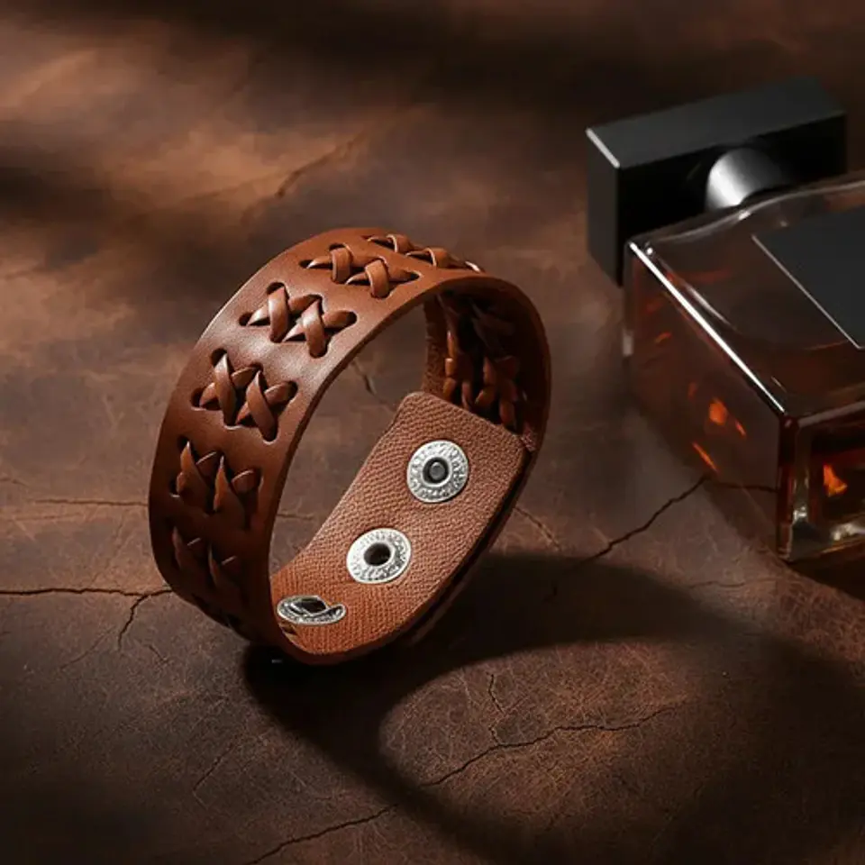 Pulsera Manilla Brazalete Cuero Ajustable Color Cafe Hombre 13