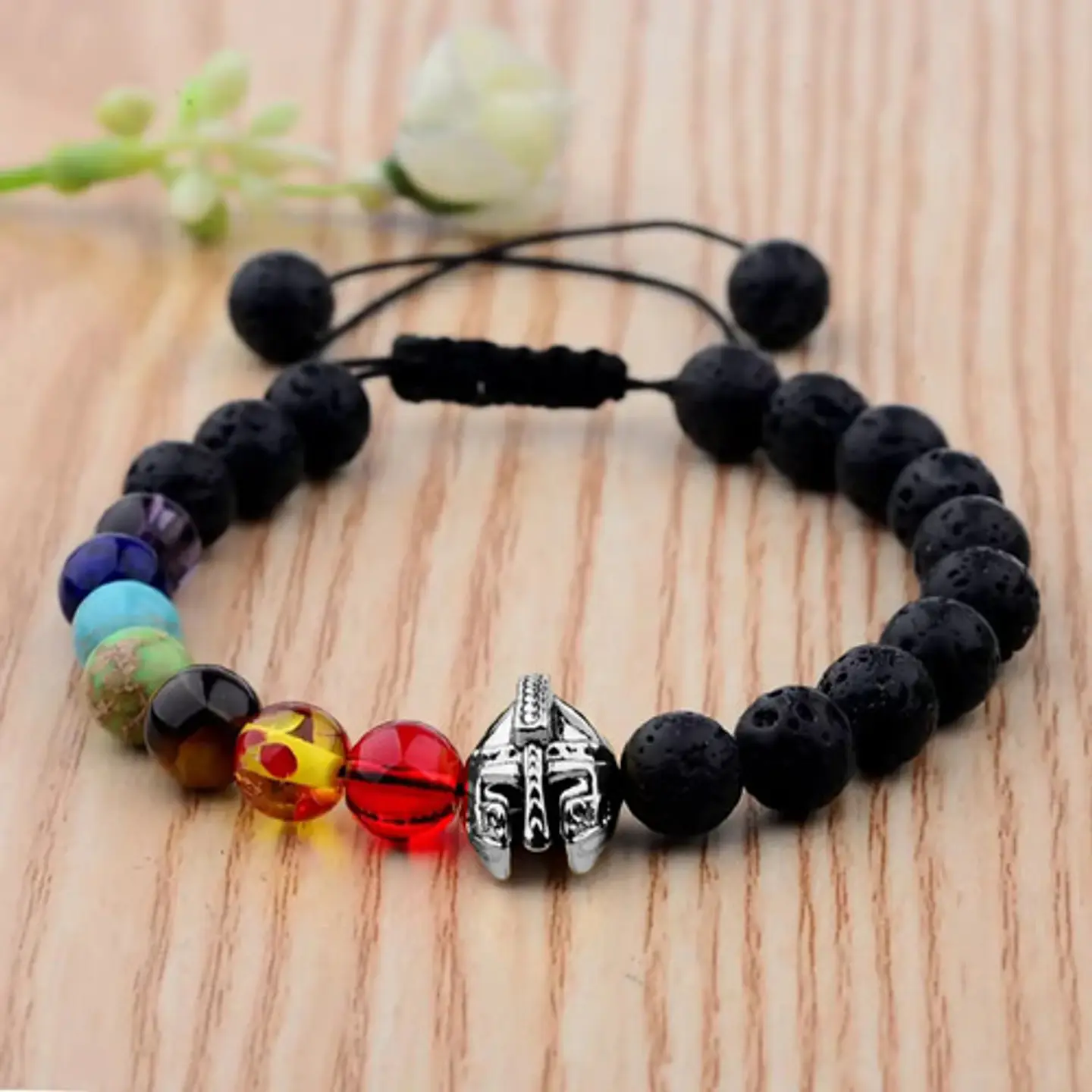 Pulsera Manilla Casco Guerrero Piedras Naturales Para Hombre 30