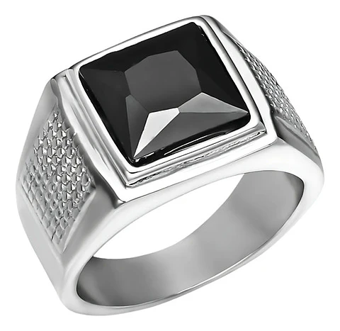 Anillo Piedra Negra Cz Circón Acero Inoxidable Para Hombre