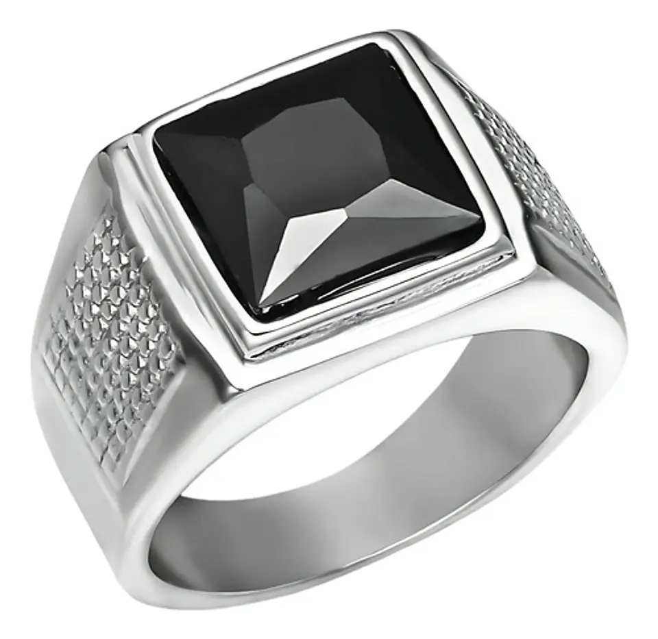 Anillo Piedra Negra Cz Circón Acero Inoxidable Para Hombre 1