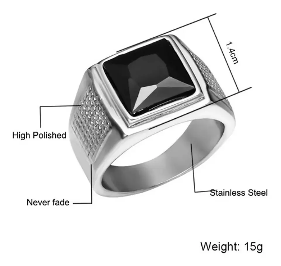 Anillo Piedra Negra Cz Circón Acero Inoxidable Para Hombre 2