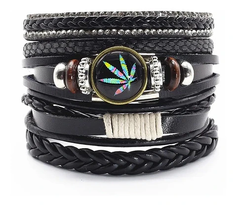 Pulsera par Hombre y Mujer Manillas de cuero hoja Cannabis