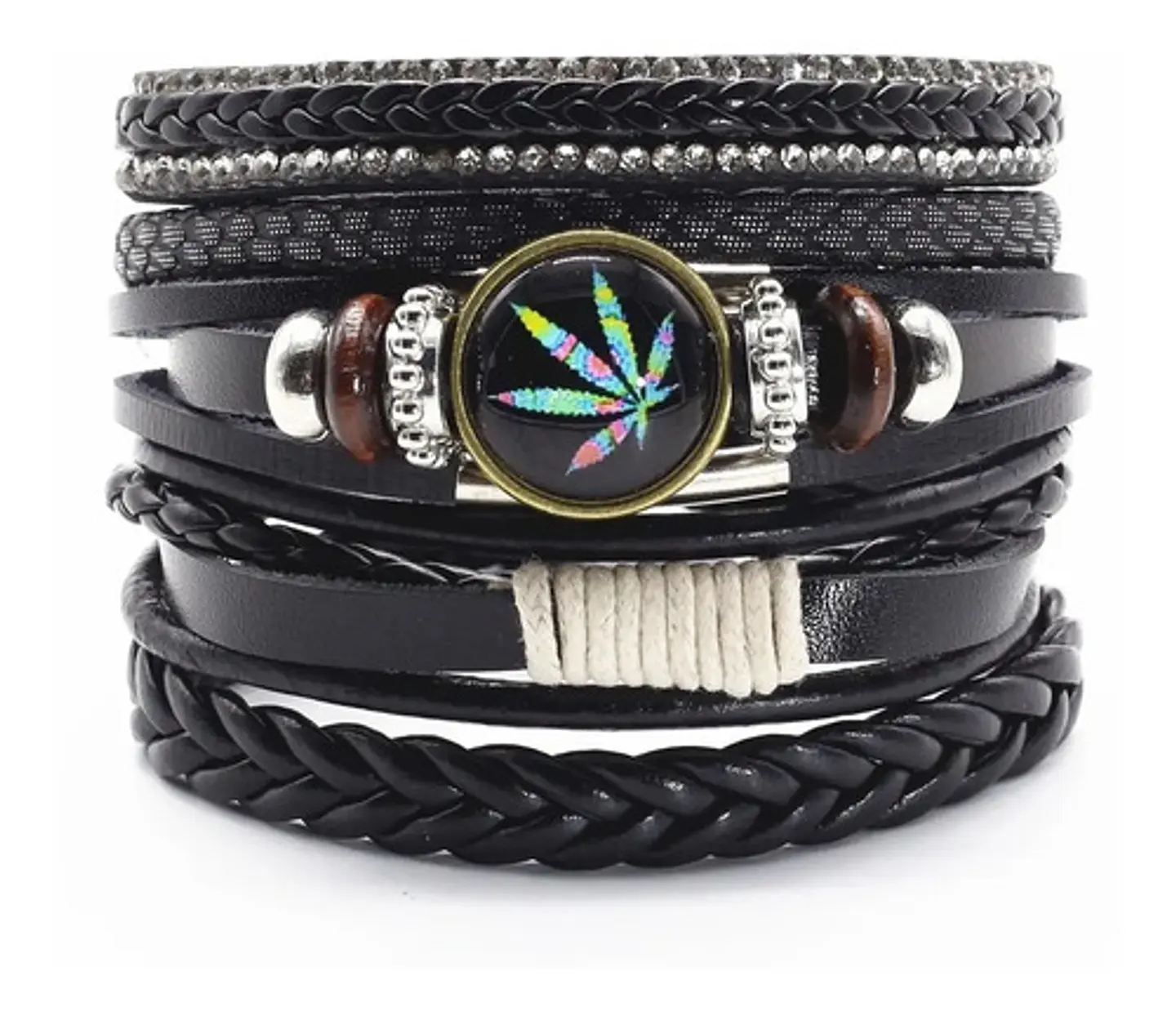 Pulsera par Hombre y Mujer Manillas de cuero hoja Cannabis 1