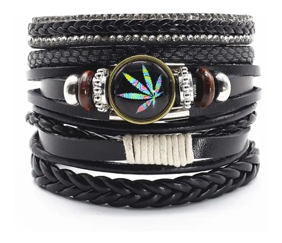 Pulsera par Hombre y Mujer Manillas de cuero hoja Cannabis 1