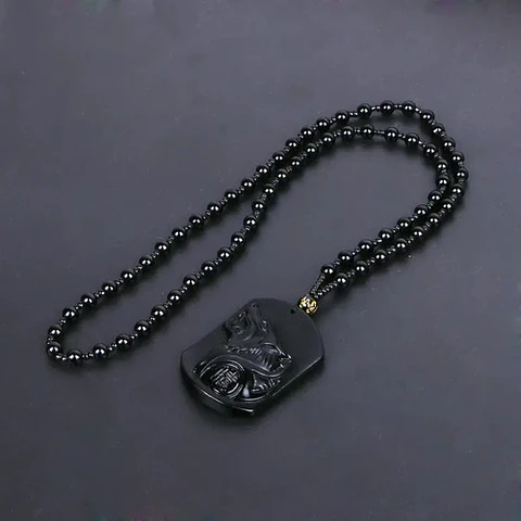 Collar Piedra Obsidiana Lobo Vikingo Amuleto Hombre Mujer  